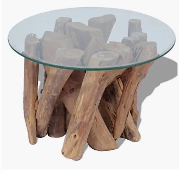 mesa auxiliar tronco madera y cristal